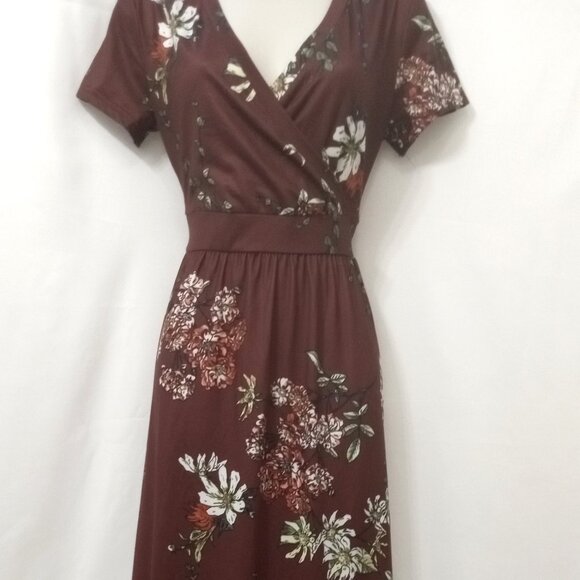 Zattcas Mock Wrap Short Sleeve Maroon Floral Long Tall Maxi Dress Size M - Picture 3 of 12